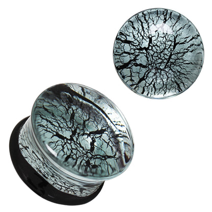 Glass Silver and Black Cracked Web Design Double Flared Ear Plug Gauges