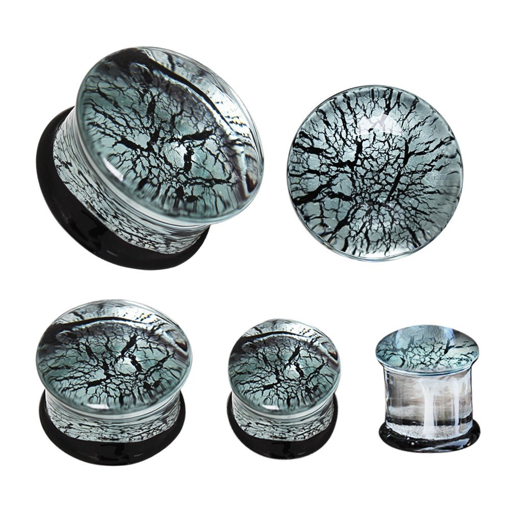 Glass Silver and Black Cracked Web Design Double Flared Ear Plug Gauges