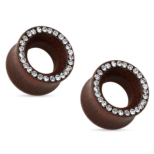 Organic Rose Wood Crystal Paved Rim Double Flared Tunnels