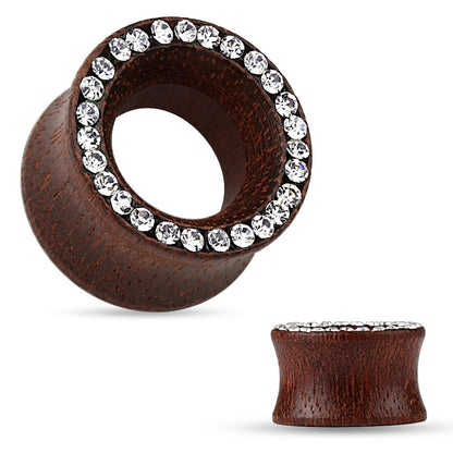 Organic Rose Wood Crystal Paved Rim Double Flared Tunnels