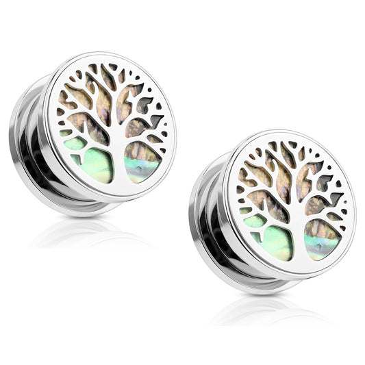Tree of Life Abalone Inlay Screw Fit Plugs - Stainless Steel