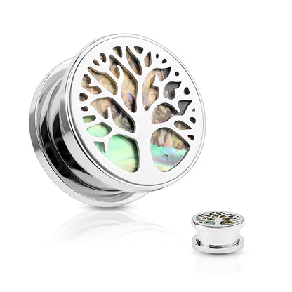 Tree of Life Abalone Inlay Screw Fit Plugs - Stainless Steel