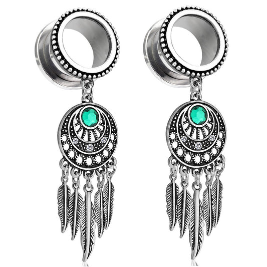 Green CZ Crystal Dream Catcher Dangle Screw Fit Tunnels - Stainless Steel