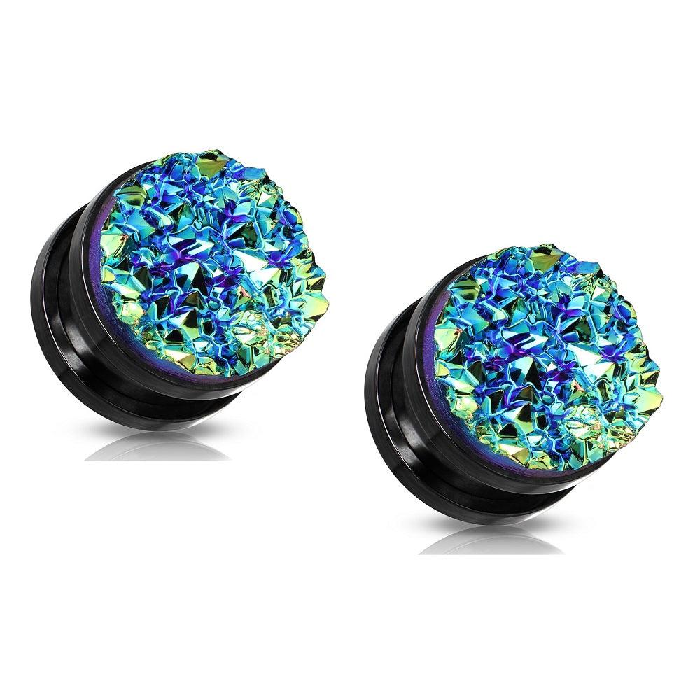 Blue Druzy Stone Screw Fit Plug Gauges - Black IP Plated Stainless Steel  - Pair