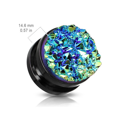 Blue Druzy Stone Screw Fit Plug Gauges - Black IP Plated Stainless Steel  - Pair