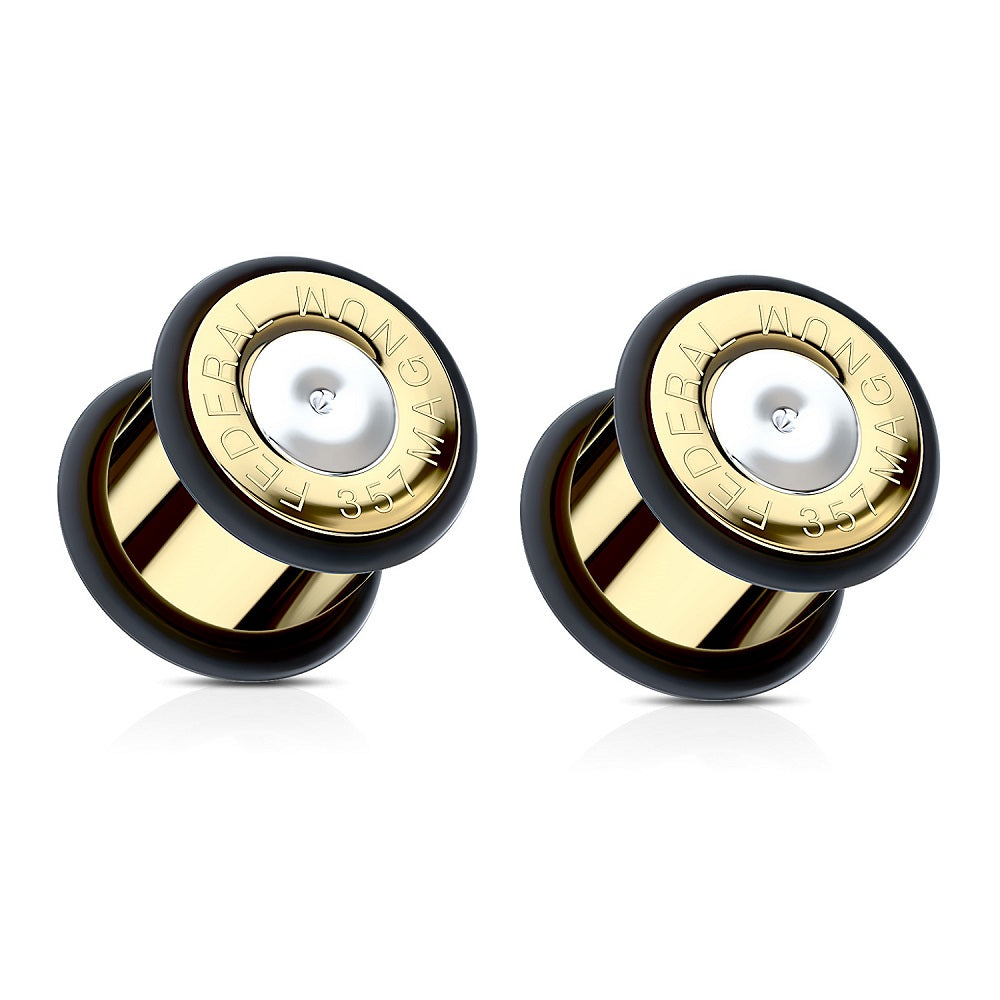 Bullet 357 Magnum Gold Tone Large .357 Bullet Shell Ear Plugs with O-Rings - Stainless Steel - Pair