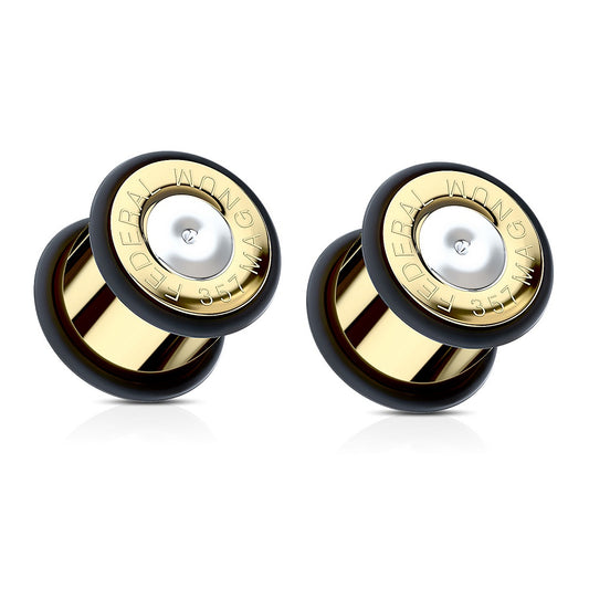 Bullet 357 Magnum Gold Tone Large .357 Bullet Shell Ear Plugs with O-Rings - Stainless Steel - Pair