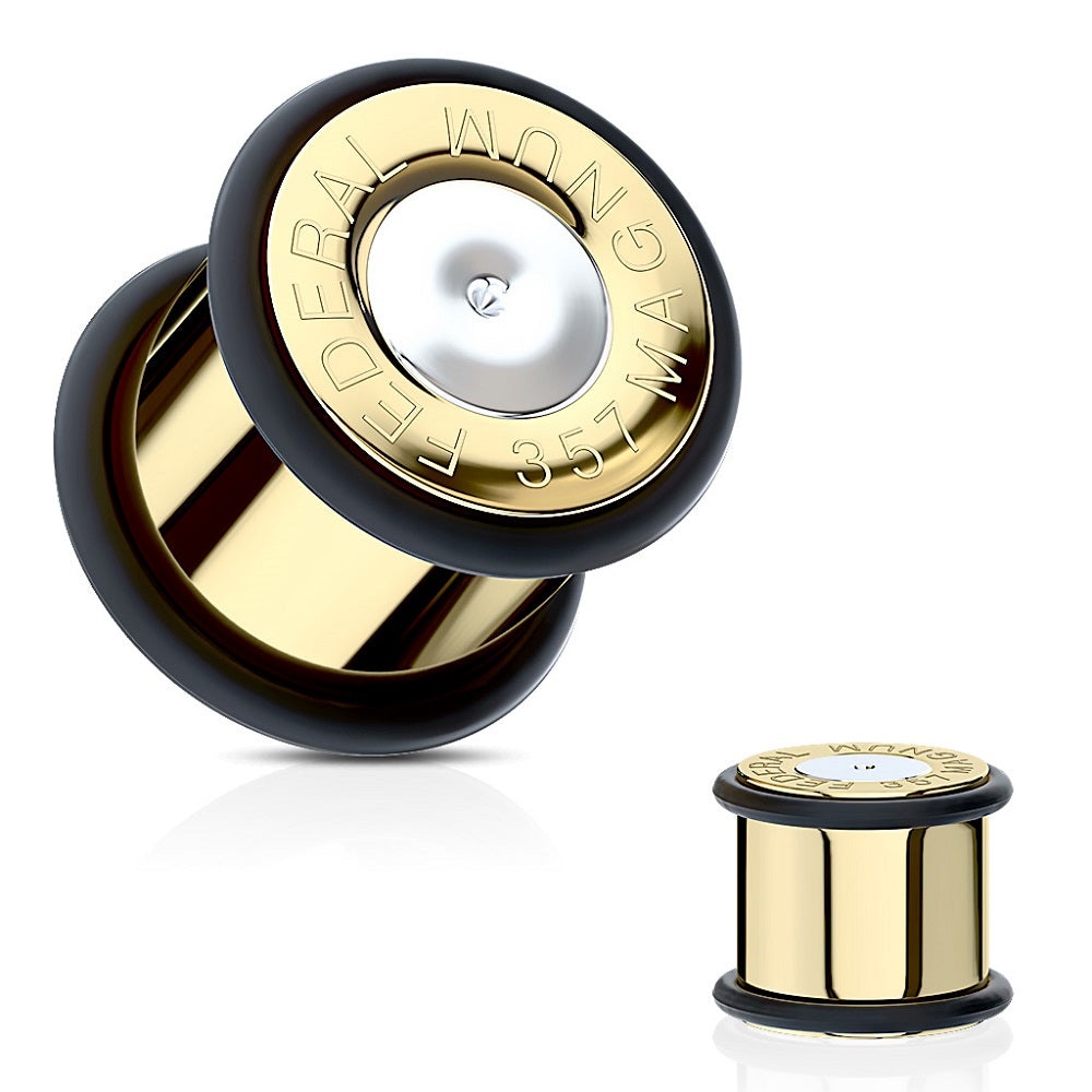 Bullet 357 Magnum Gold Tone Large .357 Bullet Shell Ear Plugs with O-Rings - Stainless Steel - Pair