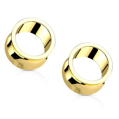 Gold Tone Hand Polished Thick Double Flared Tunnels - 316L Stainless Steel - Pair