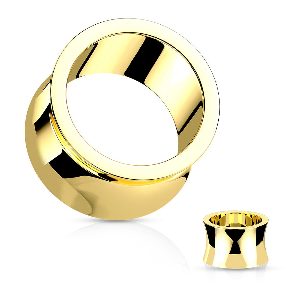 Gold Tone Hand Polished Thick Double Flared Tunnels - 316L Stainless Steel - Pair