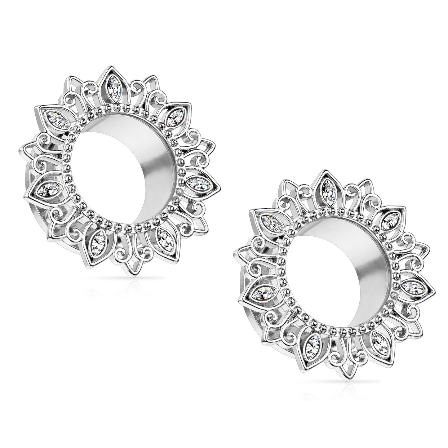 CZ Crystal Tribal Lotus Flower Screw Fit Tunnels - Stainless Steel - Pair