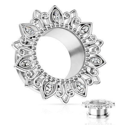 CZ Crystal Tribal Lotus Flower Screw Fit Tunnels - Stainless Steel - Pair