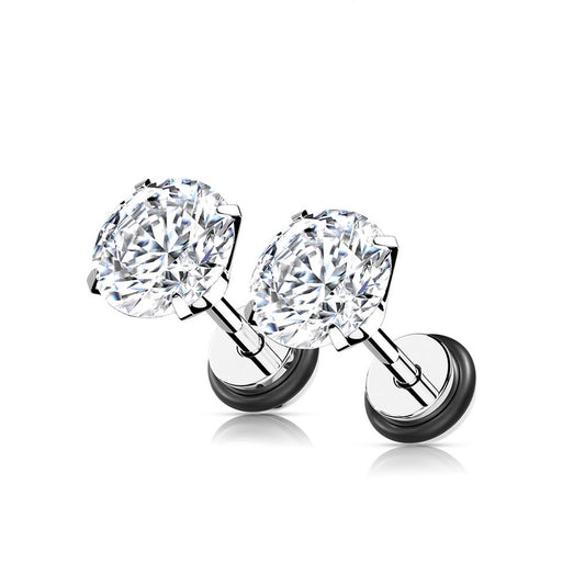 Prong Set CZ Crystal Fake Cheater Plug Earrings - Stainless Steel - Pair