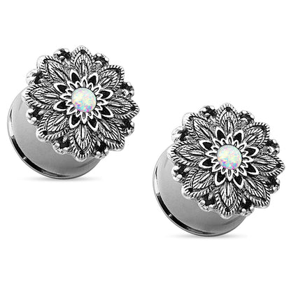 Antique Silver Plated Opal Centered Lotus Flower Top Double Flared Plug Gauges - Stainless Steel - Pair