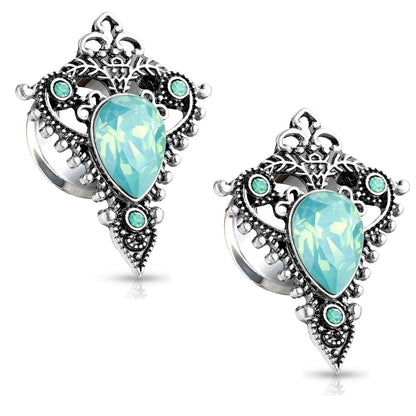 Jade Green Opalite Tear Drop Ornate Tribal Shield Double Flared Plug Gauges - 316L Stainless Steel - Pair