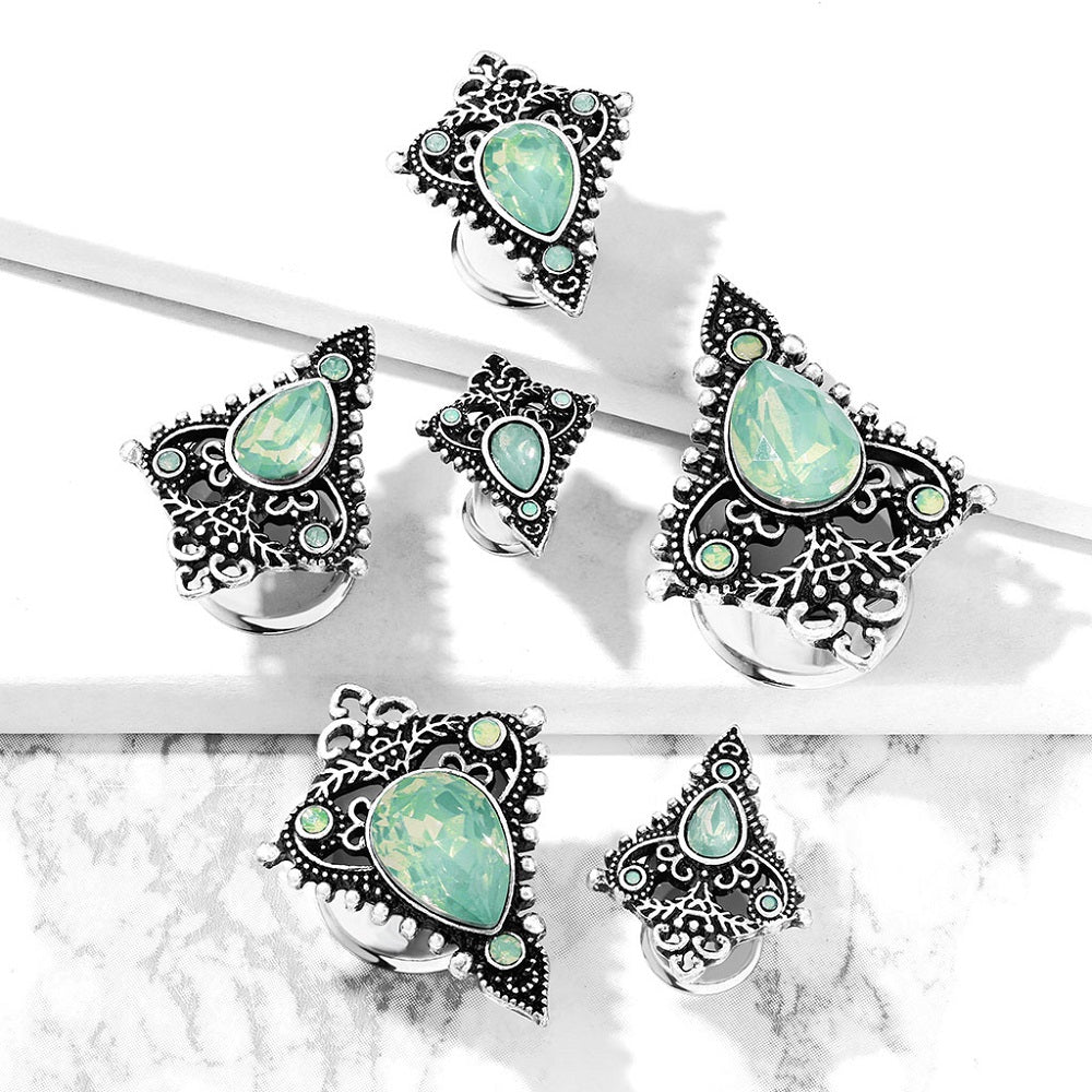 Jade Green Opalite Tear Drop Ornate Tribal Shield Double Flared Plug Gauges - 316L Stainless Steel - Pair