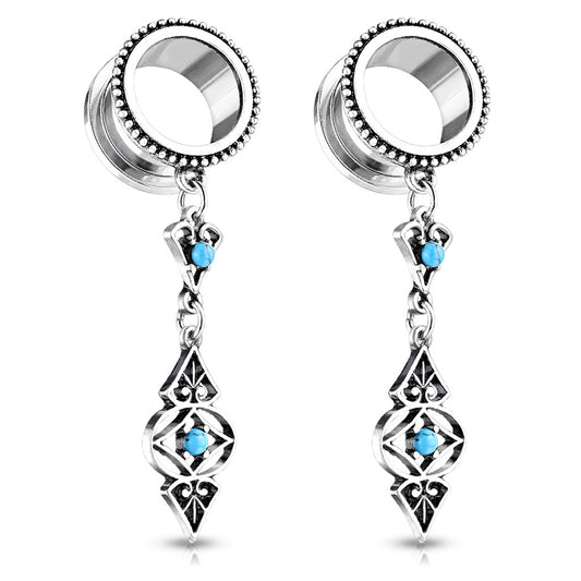 Antique Silver Plated Tribal Dangling Turquoise Charms Screw Fit Tunnels - Stainless Steel
