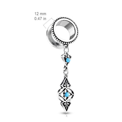 Antique Silver Plated Tribal Dangling Turquoise Charms Screw Fit Tunnels - Stainless Steel