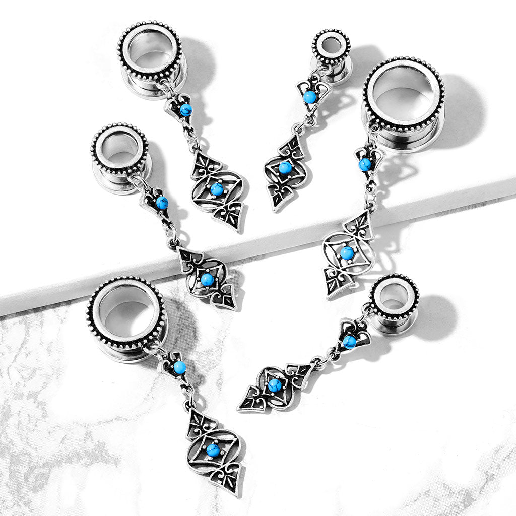 Antique Silver Plated Tribal Dangling Turquoise Charms Screw Fit Tunnels - Stainless Steel