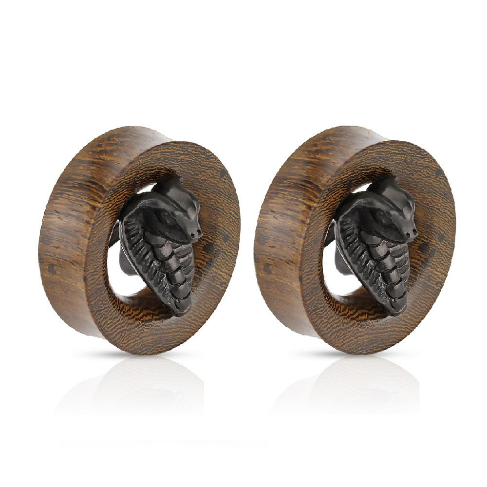 Hand Carved Ebony Wood Cobra Coming Out of Saddle Fit Organic Snake Wood Tunnels, Sold as a Pair