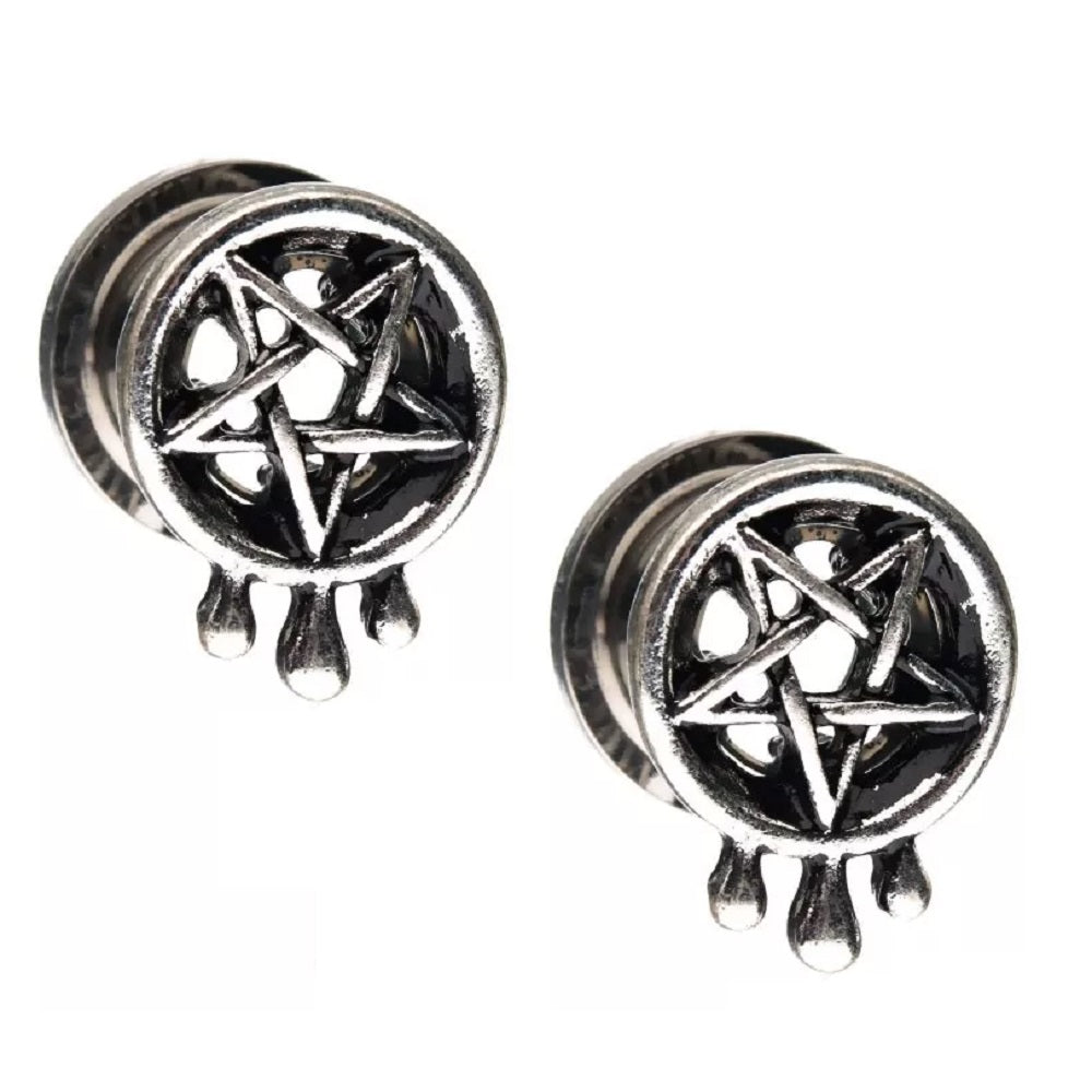 Antiqued Pentagram with Teardrop Design Screw Fit Plugs - Stainless Steel - Pair