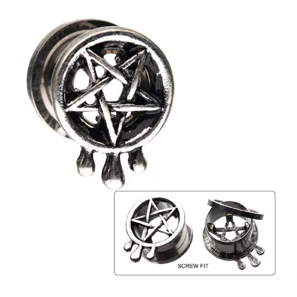 Antiqued Pentagram with Teardrop Design Screw Fit Plugs - Stainless Steel - Pair
