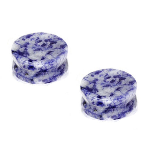 Blue and White Spotted Semi Precious Stone Solid Saddle Fit Plugs - Pair