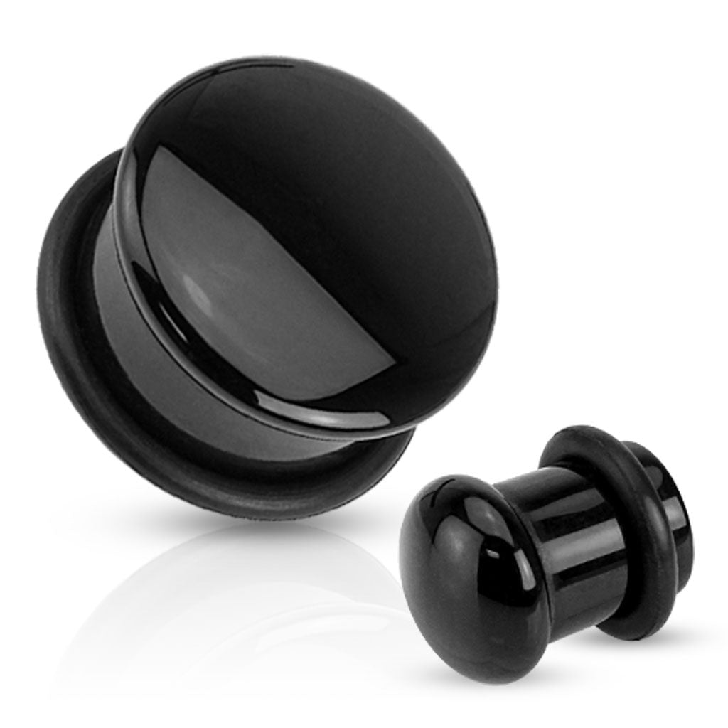 Black Agate Natural Stone Domed Single Flared Plugs with Black O Ring - Pair