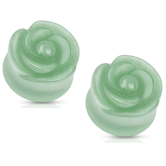 Green Aventurine Stone Carved Rose Double Flared Plugs