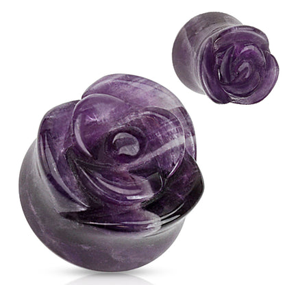 Amethyst Rose Flower Carved Double Flared Plugs