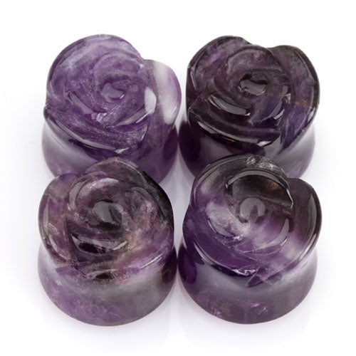 Amethyst Rose Flower Carved Double Flared Plugs