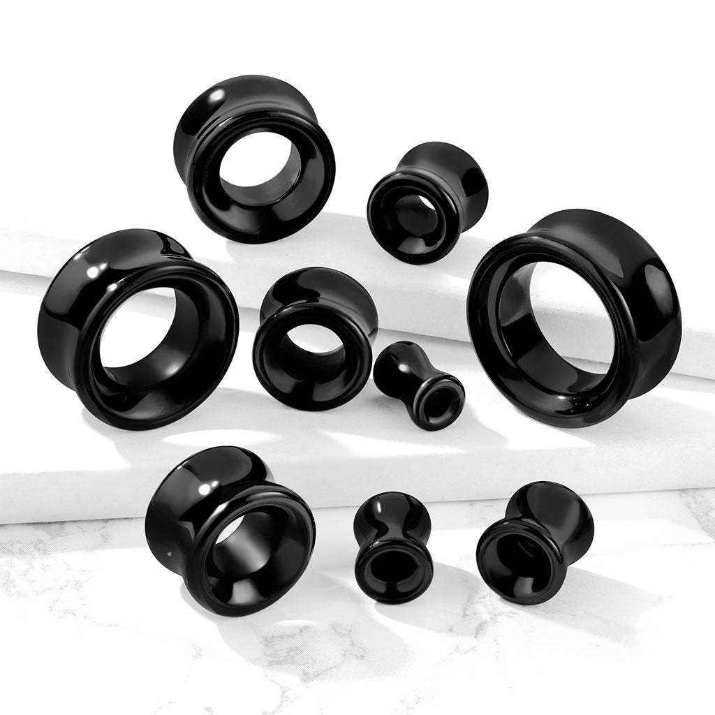 Black Agate Natural Stone Double Flared Saddle Tunnels - Pair
