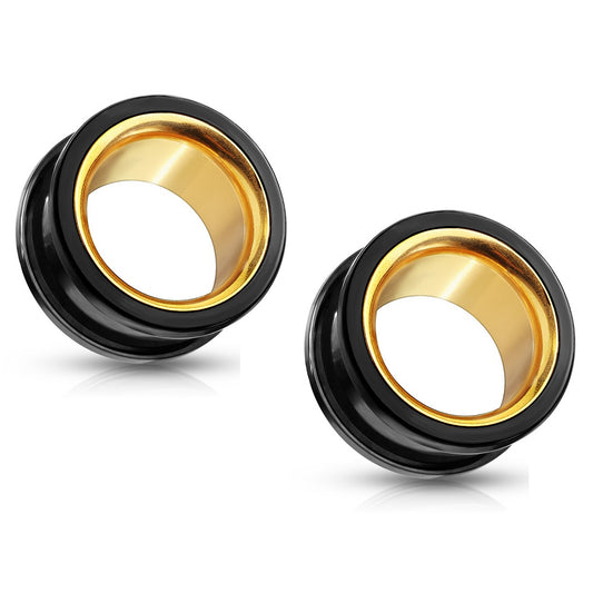 Black with Gold PVD Interior Screw Fit Tunnels - Stainless Steel