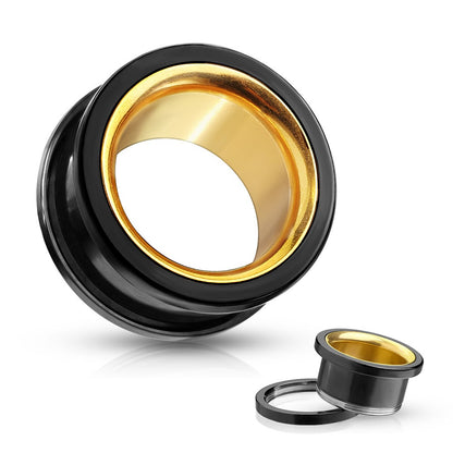 Black with Gold PVD Interior Screw Fit Tunnels - Stainless Steel