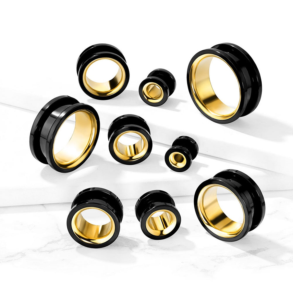 Black with Gold PVD Interior Screw Fit Tunnels - Stainless Steel