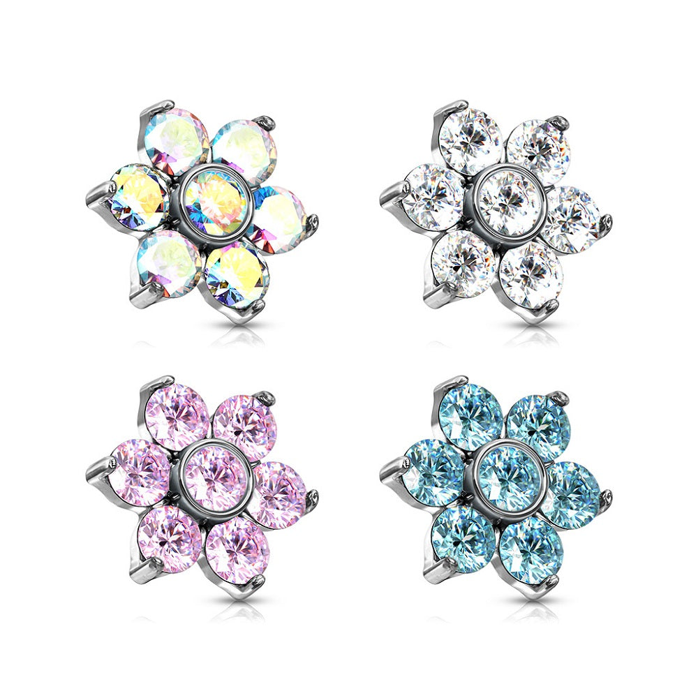 Set of 4 Prong Set Crystal Flower Internally Threaded Dermal Anchor Tops - Stainless Steel