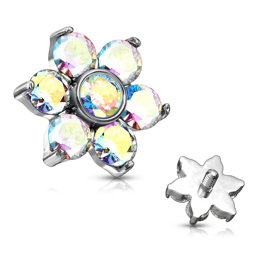 Set of 4 Prong Set Crystal Flower Internally Threaded Dermal Anchor Tops - Stainless Steel