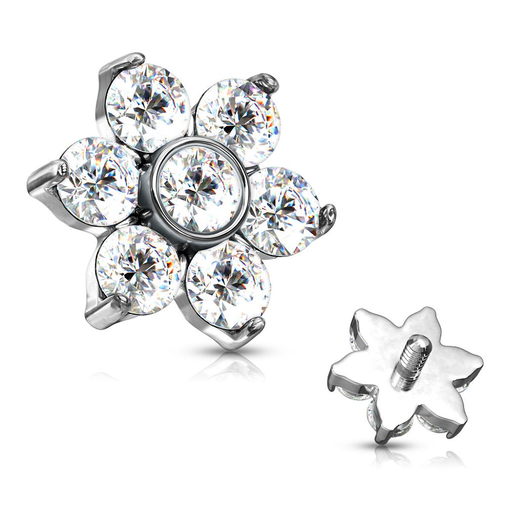 Set of 4 Prong Set Crystal Flower Internally Threaded Dermal Anchor Tops - Stainless Steel