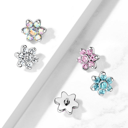 Set of 4 Prong Set Crystal Flower Internally Threaded Dermal Anchor Tops - Stainless Steel