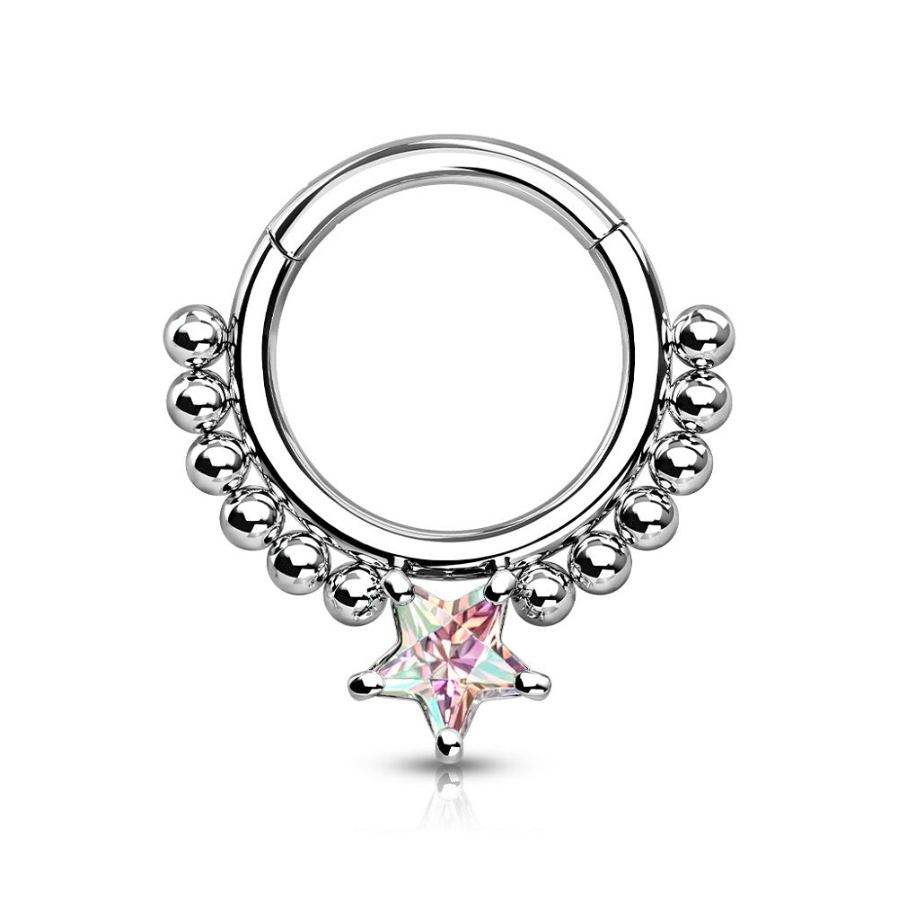 Star Shaped CZ Crystal and Ball Lined Hoop Hinged Segment Ring
 - Precision All 316L Surgical Steel