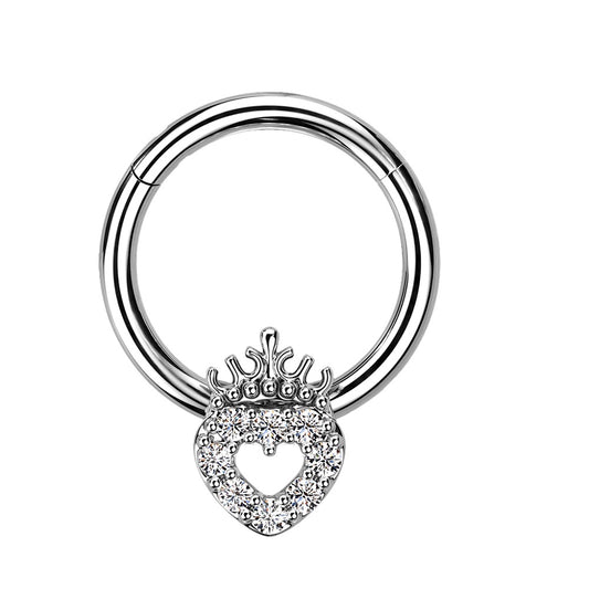 Precision All CZ Crystal Paved Hollow Heart and Crown Top Hinged Segment Ring - 316L Stainless Steel