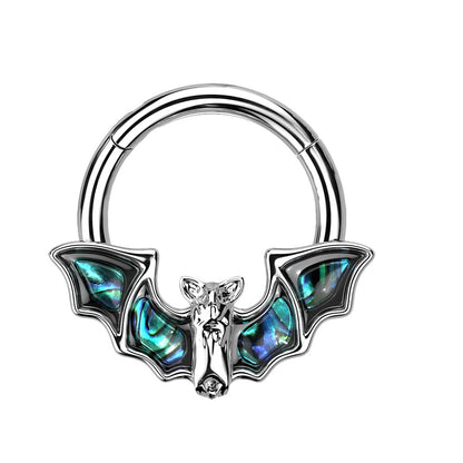 Bat with Abalone Shell Wings Hinged Segment Ring - 316L Stainless Steel