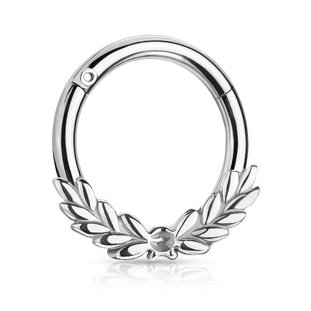 Laurel Leaves Front Hinged Segment Clicker Ring - Stainless Steel