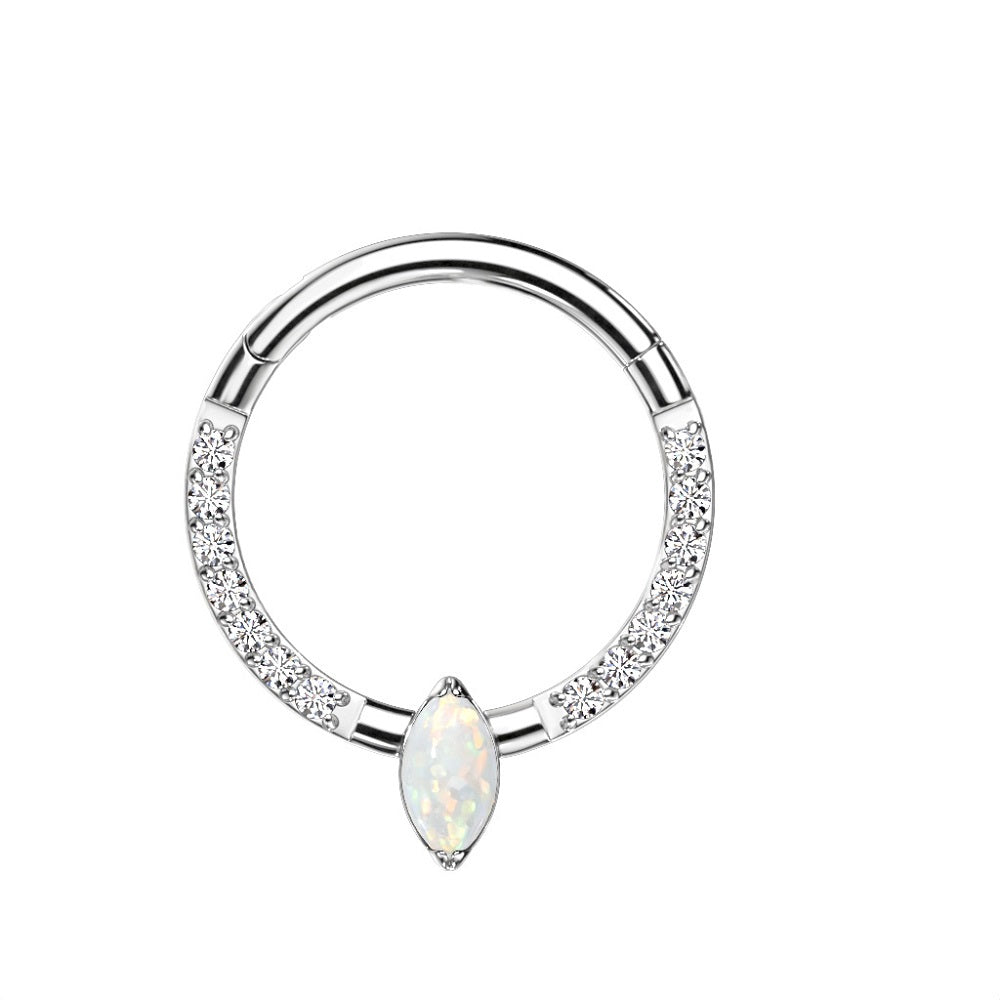 Marquise Opal Center with CZ Crystal Paved Sides Hinged Segment Ring - Implant Grade Titanium