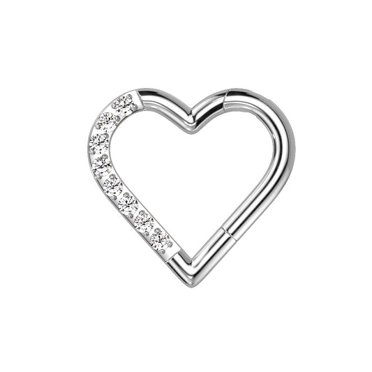 CZ Crystal Paved Heart Shaped Hinged Segment Ring - G23 Implant Grade Titanium
