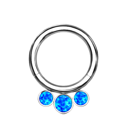 Triple Bezel Set Synthetic Opal Lined Hoop Cartilage Helix Daith Septum Hinged Segment Ring - G23 Implant Grade Titanium