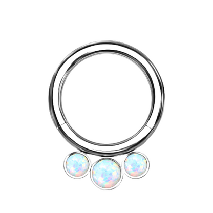 Triple Bezel Set Synthetic Opal Lined Hoop Cartilage Helix Daith Septum Hinged Segment Ring - G23 Implant Grade Titanium