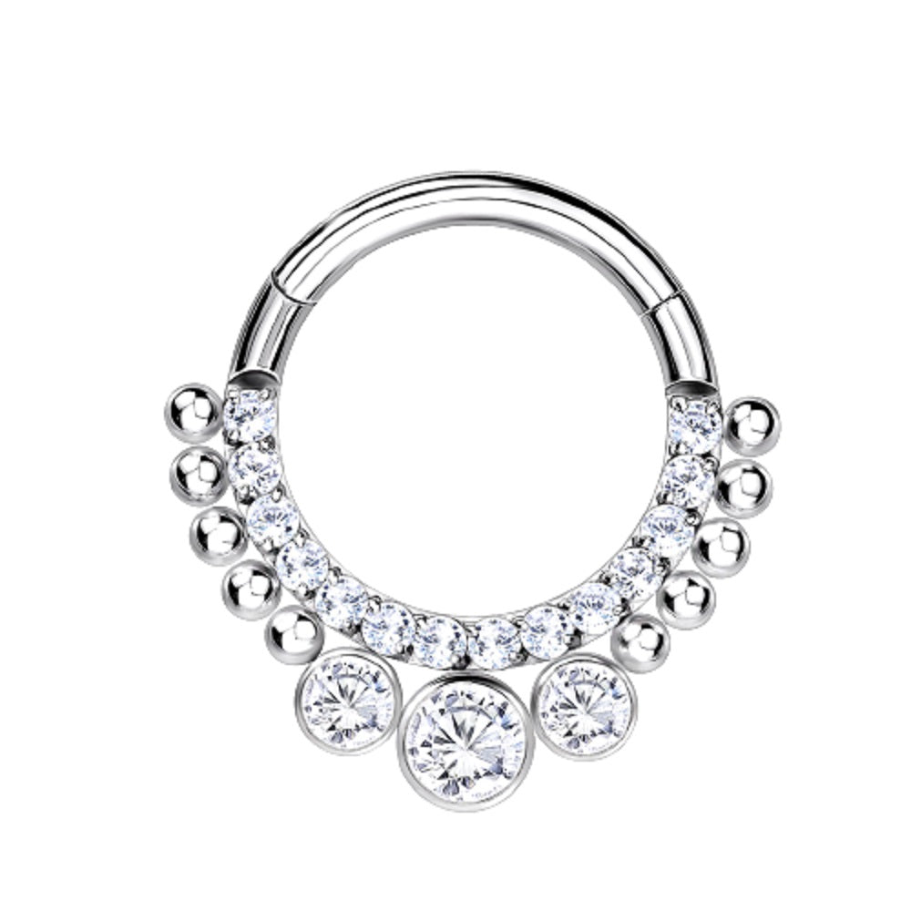 Beaded CZ Crystal Paved Front and Triple Gem Hinged Segment Ring - Implant Grade Titanium
