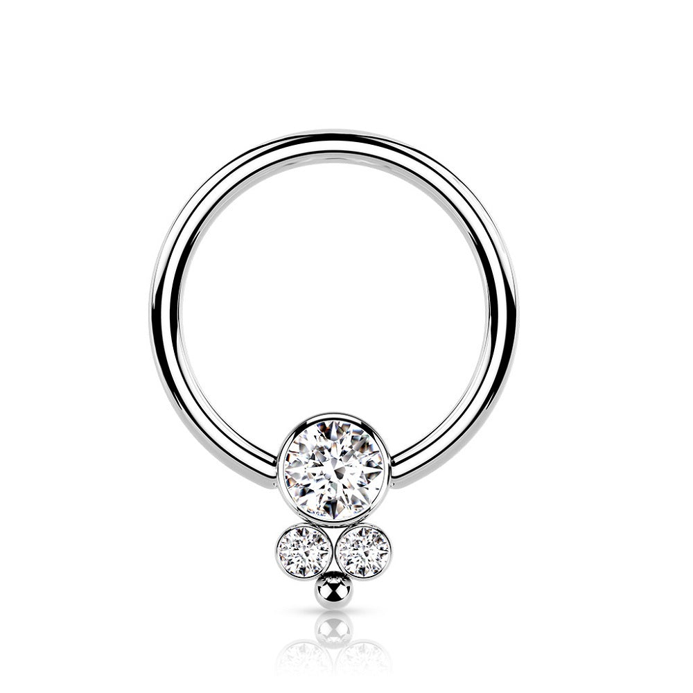 Triple CZ Crystal Cluster Round Flat Ball Captive Bead Ring - 316L Surgical Steel