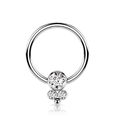 Triple CZ Crystal Cluster Round Flat Ball Captive Bead Ring - 316L Surgical Steel